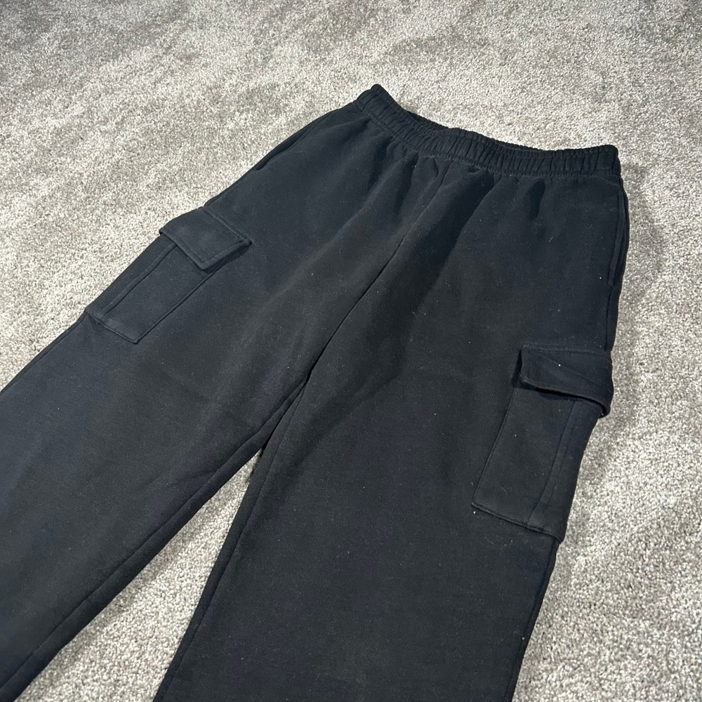 Womens Black Fleece Cargo Sweatpants Elastic Waist Straight Leg Size S - Picture 3 of 8